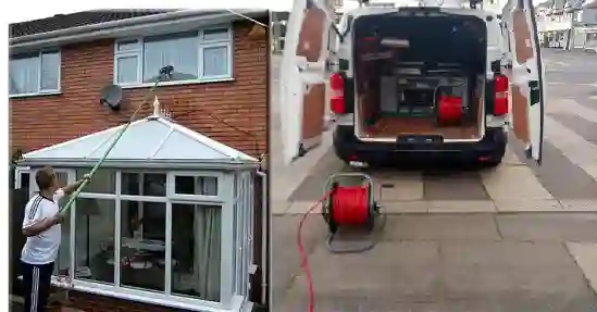 Window cleaner using water-fed pole to clean conservatory windows in Mablethorpe